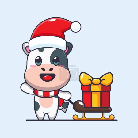 Téléchargez les illustrations : Jolie vache portant boîte cadeau de Noël. Jolie illustration de personnage de dessin animé de Noël. - en licence libre de droit