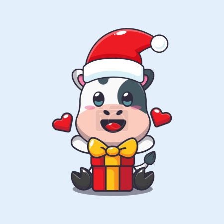 Illustration for Cute cow with christmas gift. Cute christmas cartoon character illustration. - Royalty Free Image