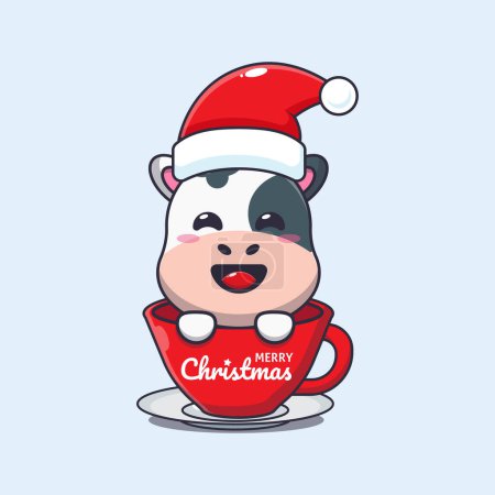 Téléchargez les illustrations : Jolie vache portant un chapeau de Père Noël dans une tasse. Jolie illustration de personnage de dessin animé de Noël. - en licence libre de droit