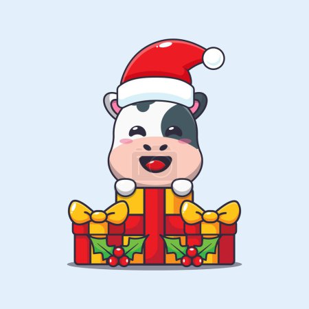 Téléchargez les illustrations : Jolie vache heureuse avec cadeau de Noël. Jolie illustration de personnage de dessin animé de Noël. - en licence libre de droit