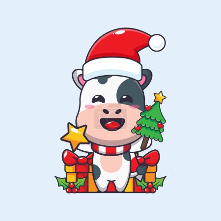 Ilustración de Linda vaca sosteniendo estrella y árbol de Navidad. Lindo personaje de dibujos animados de Navidad ilustración. - Imagen libre de derechos