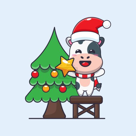 Illustration for Cute cow taking star from christmas tree. Cute christmas cartoon character illustration. - Royalty Free Image