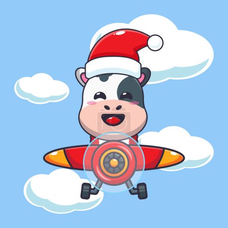 Ilustración de Linda vaca con sombrero de santa volando con avión. Lindo personaje de dibujos animados de Navidad ilustración. - Imagen libre de derechos