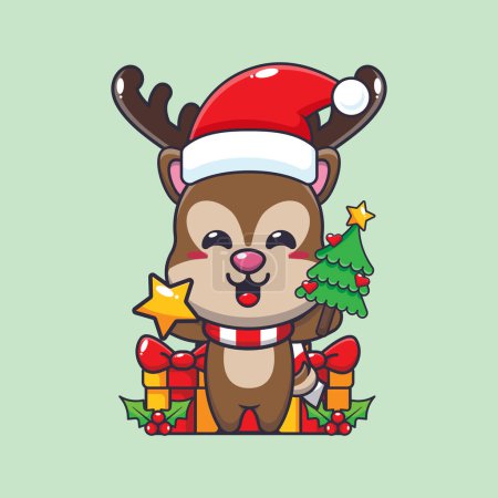 Téléchargez les illustrations : Mignon âne tenant étoile et arbre de Noël. Jolie illustration de personnage de dessin animé de Noël. - en licence libre de droit