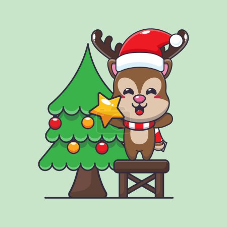 Téléchargez les illustrations : Mignon âne prenant étoile de l'arbre de Noël. Jolie illustration de personnage de dessin animé de Noël. - en licence libre de droit