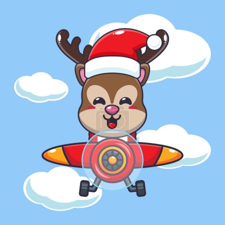 Téléchargez les illustrations : Mignon âne portant un chapeau de Père Noël volant avec l'avion. Jolie illustration de personnage de dessin animé de Noël. - en licence libre de droit