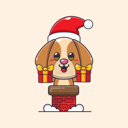 Illustration for Cute dog with santa hat in the chimney. Cute christmas cartoon character illustration. - Royalty Free Image