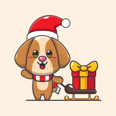 Téléchargez les illustrations : Mignon chien portant boîte cadeau de Noël. Jolie illustration de personnage de dessin animé de Noël. - en licence libre de droit