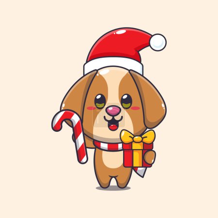 Illustration for Cute dog holding christmas candy and gift. Cute christmas cartoon character illustration. - Royalty Free Image