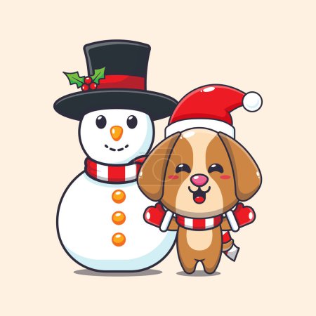 Téléchargez les illustrations : Mignon chien jouant avec bonhomme de neige. Jolie illustration de personnage de dessin animé de Noël. - en licence libre de droit