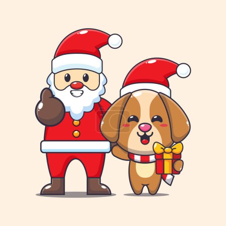 Téléchargez les illustrations : Mignon chien avec Santa Claus. Jolie illustration de personnage de dessin animé de Noël. - en licence libre de droit