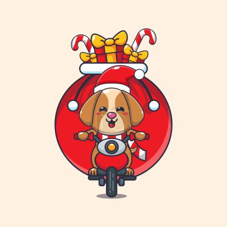Illustration for Cute dog carrying christmas gift with motorcycle. Cute christmas cartoon character illustration. - Royalty Free Image