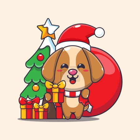 Illustration for Cute dog carrying christmas gift. Cute christmas cartoon character illustration. - Royalty Free Image