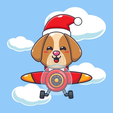 Téléchargez les illustrations : Mignon chien portant un chapeau de Père Noël volant avec l'avion. Jolie illustration de personnage de dessin animé de Noël. - en licence libre de droit