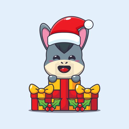 Illustration for Cute donkey happy with christmas gift. Cute christmas cartoon character illustration. - Royalty Free Image