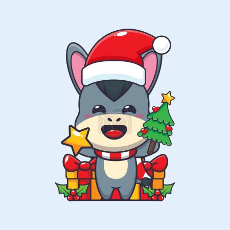 Illustration for Cute donkey holding star and christmas tree. Cute christmas cartoon character illustration. - Royalty Free Image
