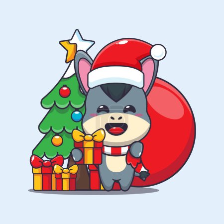 Illustration for Cute donkey carrying christmas gift. Cute christmas cartoon character illustration. - Royalty Free Image
