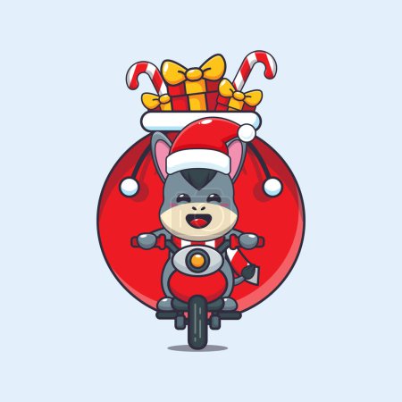 Téléchargez les illustrations : Mignon âne portant cadeau de Noël avec moto. Jolie illustration de personnage de dessin animé de Noël. - en licence libre de droit
