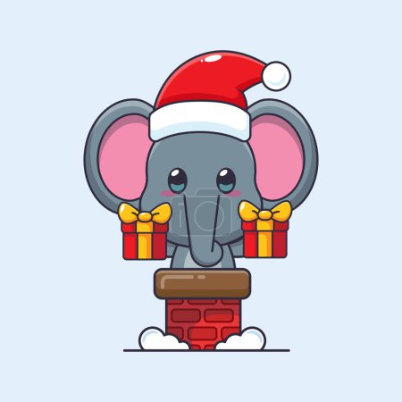 Téléchargez les illustrations : Éléphant mignon avec chapeau de Père Noël dans la cheminée. Jolie illustration de personnage de dessin animé de Noël. - en licence libre de droit
