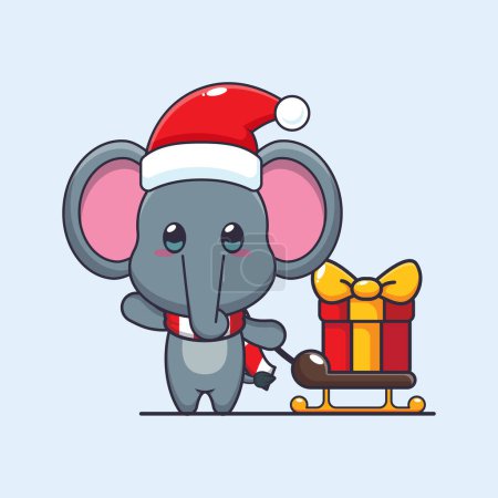 Illustration for Cute elephant carrying christmas gift box. Cute christmas cartoon character illustration. - Royalty Free Image