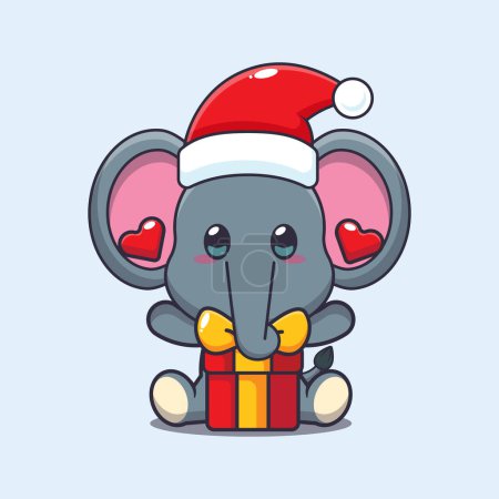 Téléchargez les illustrations : Éléphant mignon avec cadeau de Noël. Jolie illustration de personnage de dessin animé de Noël. - en licence libre de droit