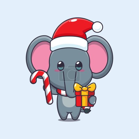 Téléchargez les illustrations : Éléphant mignon tenant bonbons de Noël et cadeau. Jolie illustration de personnage de dessin animé de Noël. - en licence libre de droit