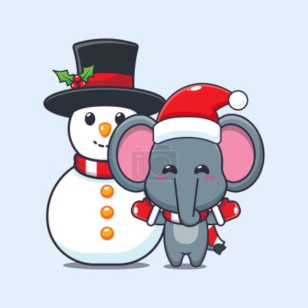 Ilustración de Lindo elefante jugando con muñeco de nieve. Lindo personaje de dibujos animados de Navidad ilustración. - Imagen libre de derechos