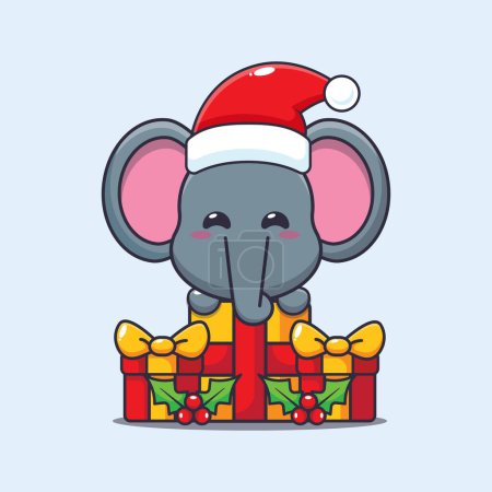 Ilustración de Lindo elefante feliz con regalo de Navidad. Lindo personaje de dibujos animados de Navidad ilustración. - Imagen libre de derechos