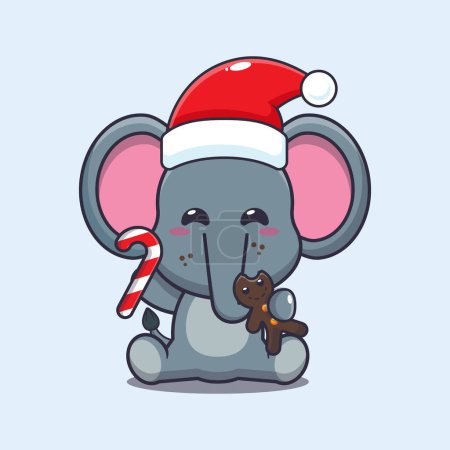 Téléchargez les illustrations : Mignon éléphant manger des biscuits de Noël et des bonbons. Jolie illustration de personnage de dessin animé de Noël. - en licence libre de droit