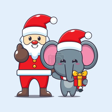 Téléchargez les illustrations : Éléphant mignon avec santa claus. Jolie illustration de personnage de dessin animé de Noël. - en licence libre de droit