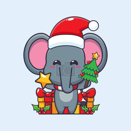 Téléchargez les illustrations : Éléphant mignon tenant étoile et arbre de Noël. Jolie illustration de personnage de dessin animé de Noël. - en licence libre de droit