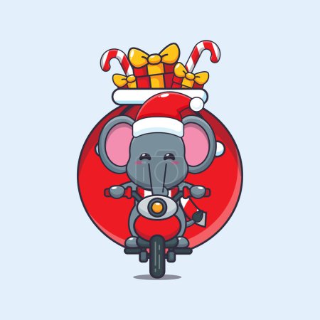 Téléchargez les illustrations : Éléphant mignon portant cadeau de Noël avec moto. Jolie illustration de personnage de dessin animé de Noël. - en licence libre de droit