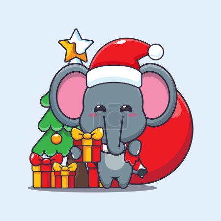 Ilustración de Lindo elefante llevando regalo de Navidad. Lindo personaje de dibujos animados de Navidad ilustración. - Imagen libre de derechos