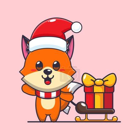 Téléchargez les illustrations : Mignon renard portant boîte cadeau de Noël. Jolie illustration de personnage de dessin animé de Noël. - en licence libre de droit