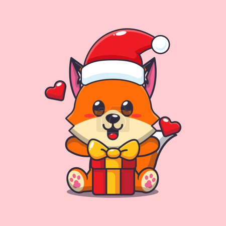 Illustration for Cute fox with christmas gift. Cute christmas cartoon character illustration. - Royalty Free Image