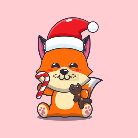 Illustration for Cute fox eating christmas cookies and candy. Cute christmas cartoon character illustration. - Royalty Free Image