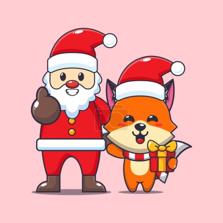 Illustration for Cute fox with santa claus. Cute christmas cartoon character illustration. - Royalty Free Image