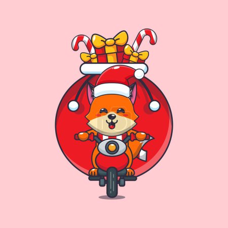 Téléchargez les illustrations : Mignon renard portant cadeau de Noël avec moto. Jolie illustration de personnage de dessin animé de Noël. - en licence libre de droit