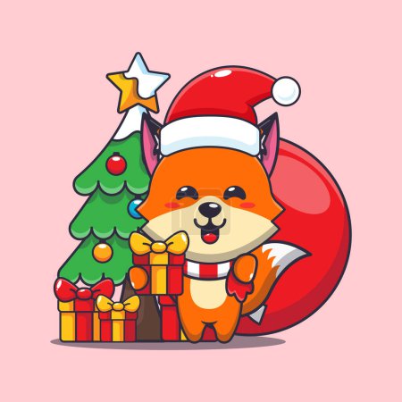 Illustration for Cute fox carrying christmas gift. Cute christmas cartoon character illustration. - Royalty Free Image