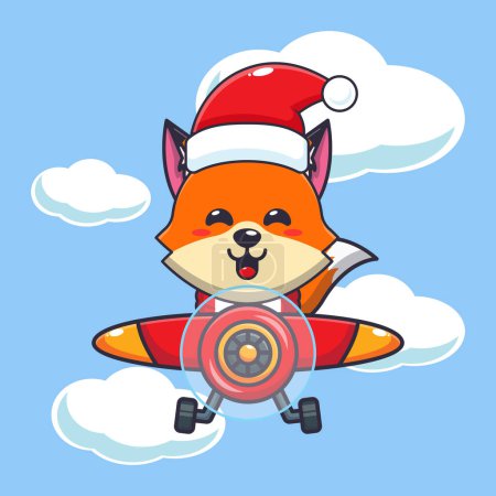 Illustration for Cute fox wearing santa hat flying with plane. Cute christmas cartoon character illustration. - Royalty Free Image