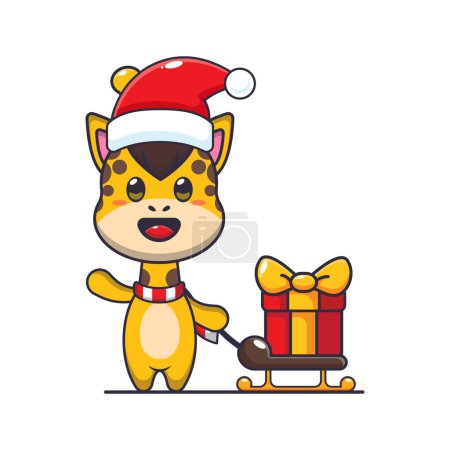 Téléchargez les illustrations : Jolie girafe portant boîte cadeau de Noël. Jolie illustration de personnage de dessin animé de Noël. - en licence libre de droit