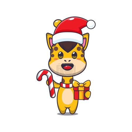 Téléchargez les illustrations : Jolie girafe tenant bonbons de Noël et cadeau. Jolie illustration de personnage de dessin animé de Noël. - en licence libre de droit