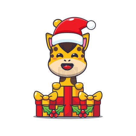 Téléchargez les illustrations : Jolie girafe heureuse avec cadeau de Noël. Jolie illustration de personnage de dessin animé de Noël. - en licence libre de droit