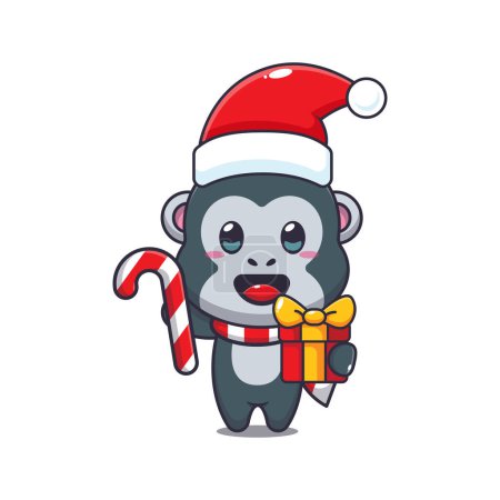 Téléchargez les illustrations : Mignon gorille tenant bonbons de Noël et cadeau. Jolie illustration de personnage de dessin animé de Noël. - en licence libre de droit