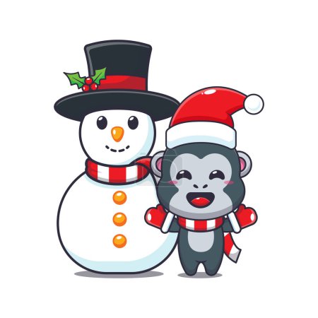 Téléchargez les illustrations : Mignon gorille jouer avec bonhomme de neige. Jolie illustration de personnage de dessin animé de Noël. - en licence libre de droit