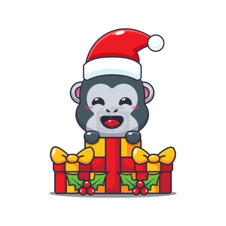 Téléchargez les illustrations : Mignon gorille heureux avec cadeau de Noël. Jolie illustration de personnage de dessin animé de Noël. - en licence libre de droit