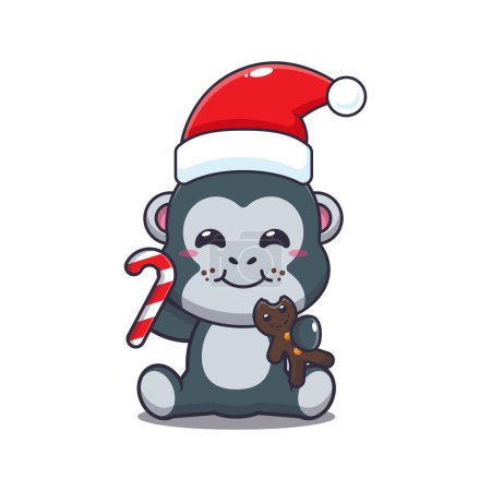 Téléchargez les illustrations : Mignon gorille manger des biscuits de Noël et des bonbons. Jolie illustration de personnage de dessin animé de Noël. - en licence libre de droit