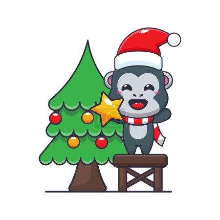 Téléchargez les illustrations : Mignon gorille prenant étoile de l'arbre de Noël. Jolie illustration de personnage de dessin animé de Noël. - en licence libre de droit