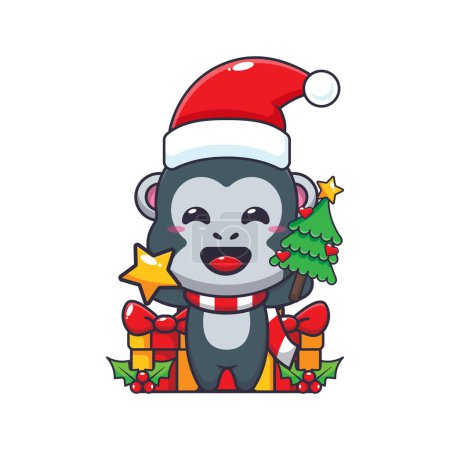 Téléchargez les illustrations : Mignon gorille tenant étoile et arbre de Noël. Jolie illustration de personnage de dessin animé de Noël. - en licence libre de droit