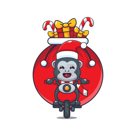 Téléchargez les illustrations : Mignon gorille portant cadeau de Noël avec moto. Jolie illustration de personnage de dessin animé de Noël. - en licence libre de droit